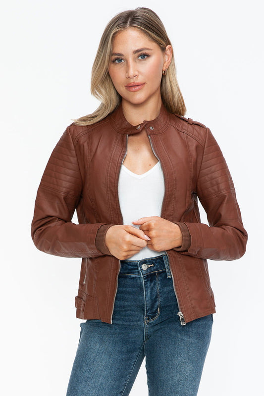 Snobbish PU Leather Biker Jacket with Side Zip Pockets In Brandy us.meeeshop - Coats & Jackets