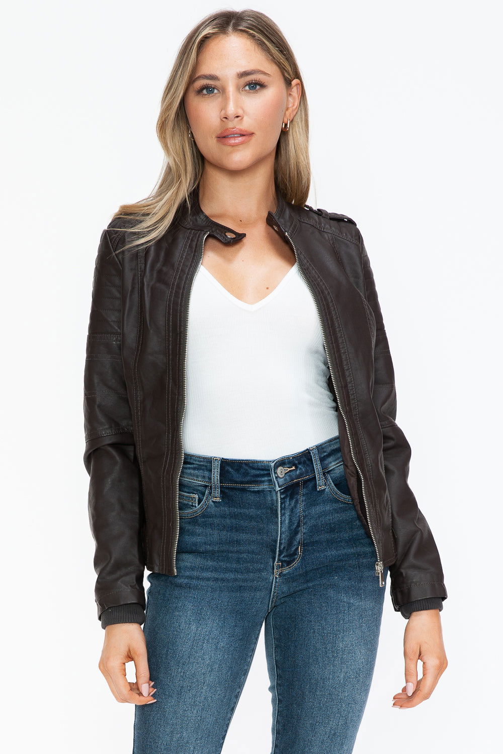 Snobbish PU Leather Biker Jacket with Side Zip Pockets In Chocolate us.meeeshop - 