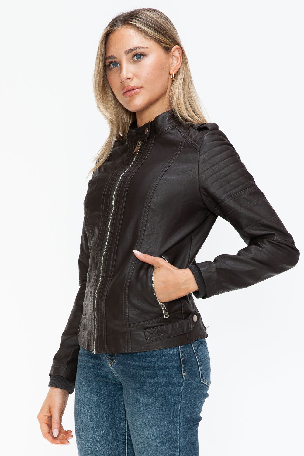 Snobbish PU Leather Biker Jacket with Side Zip Pockets In Chocolate us.meeeshop - 