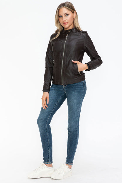 Snobbish PU Leather Biker Jacket with Side Zip Pockets In Chocolate us.meeeshop - 