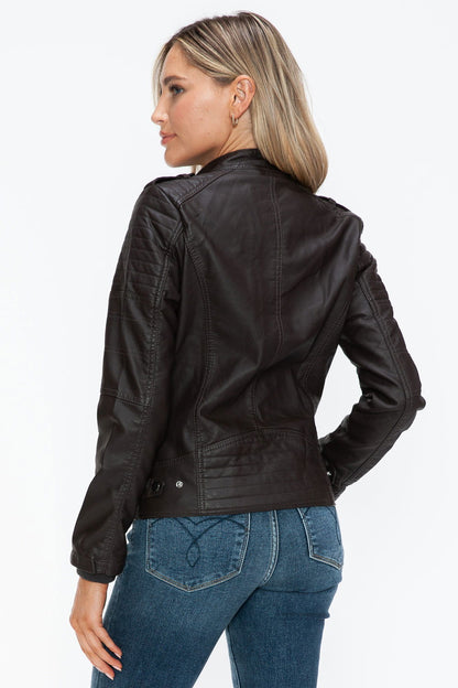 Snobbish PU Leather Biker Jacket with Side Zip Pockets In Chocolate us.meeeshop - 