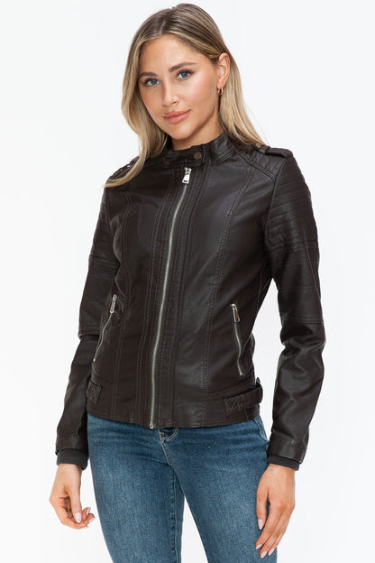 Snobbish PU Leather Biker Jacket with Side Zip Pockets In Chocolate us.meeeshop - 