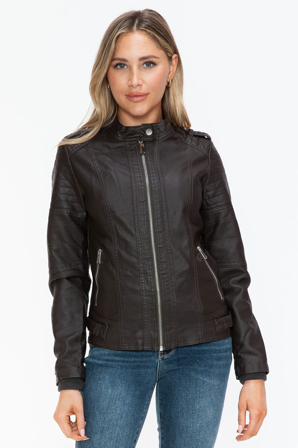 Snobbish PU Leather Biker Jacket with Side Zip Pockets In Chocolate us.meeeshop - 