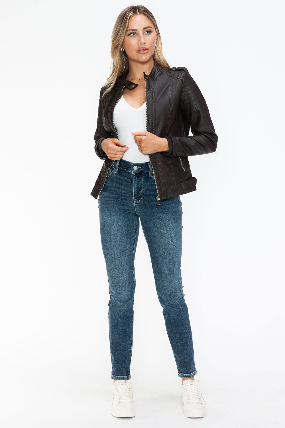 Snobbish PU Leather Biker Jacket with Side Zip Pockets In Chocolate us.meeeshop - 