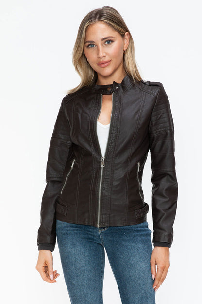 Snobbish PU Leather Biker Jacket with Side Zip Pockets In Chocolate us.meeeshop - 