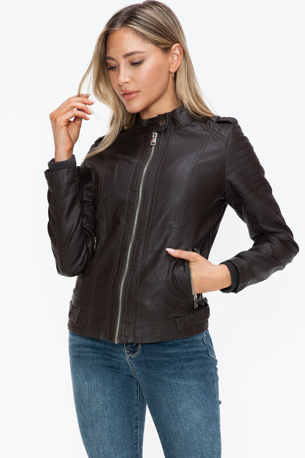 Snobbish PU Leather Biker Jacket with Side Zip Pockets In Chocolate us.meeeshop - 