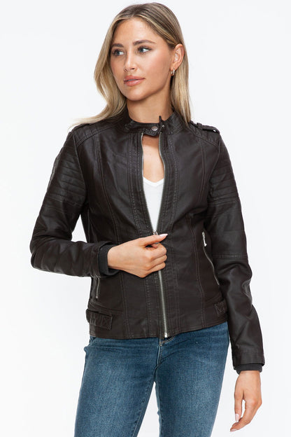 Snobbish PU Leather Biker Jacket with Side Zip Pockets In Chocolate us.meeeshop - 