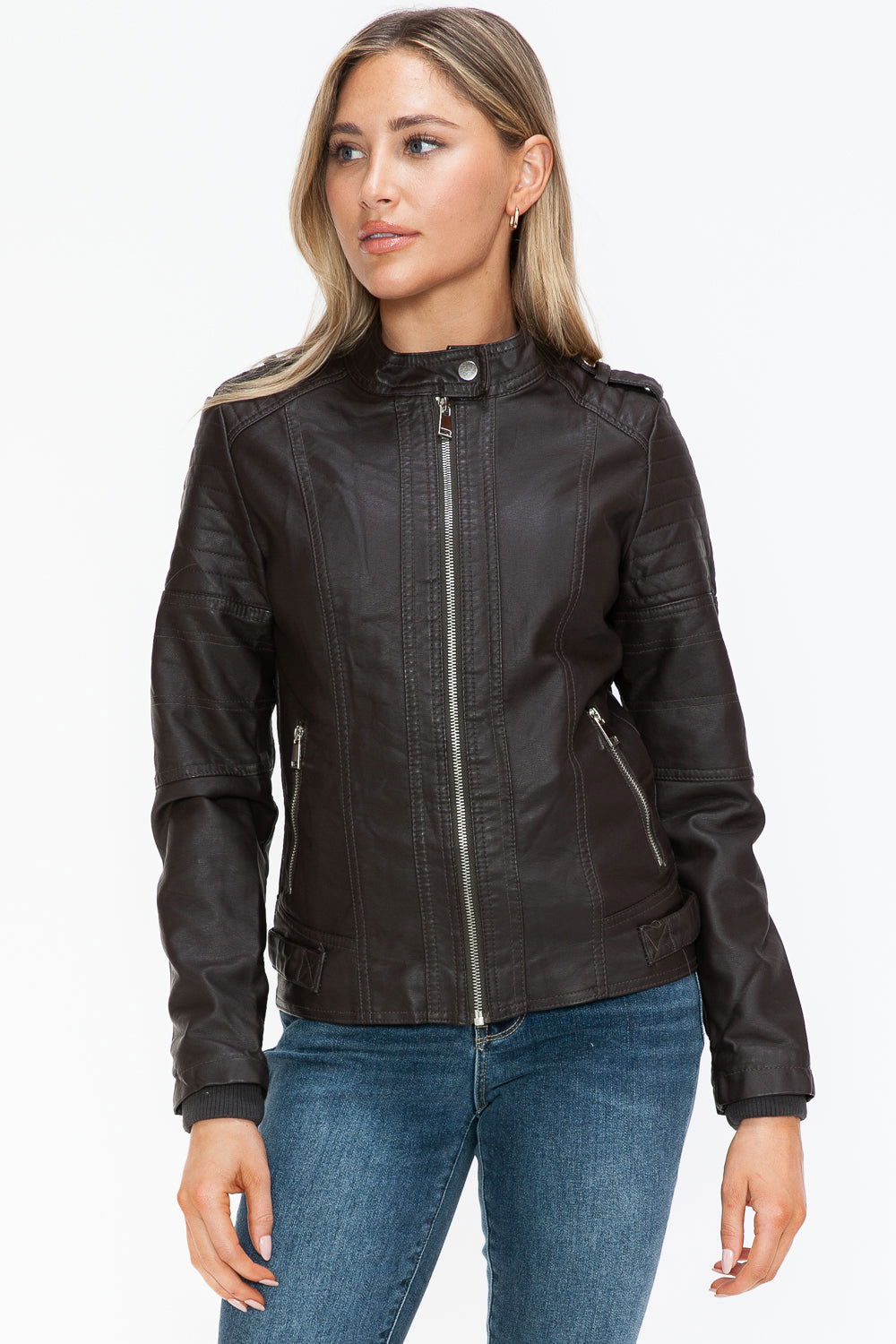 Snobbish PU Leather Biker Jacket with Side Zip Pockets In Chocolate us.meeeshop - 