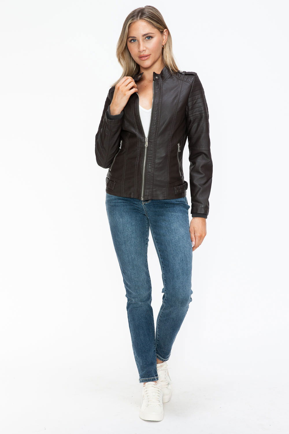 Snobbish PU Leather Biker Jacket with Side Zip Pockets In Chocolate us.meeeshop - 