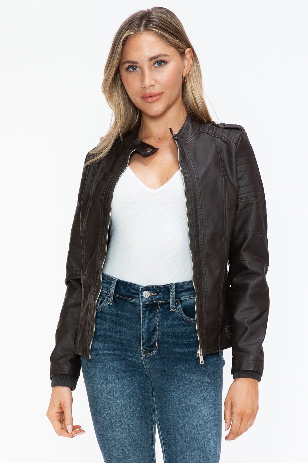 Snobbish PU Leather Biker Jacket with Side Zip Pockets In Chocolate us.meeeshop - Coats & Jackets