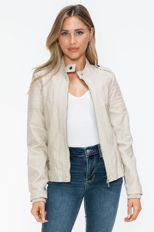 Snobbish PU Leather Biker Jacket with Side Zip Pockets In Sand us.meeeshop - Coats & Jackets