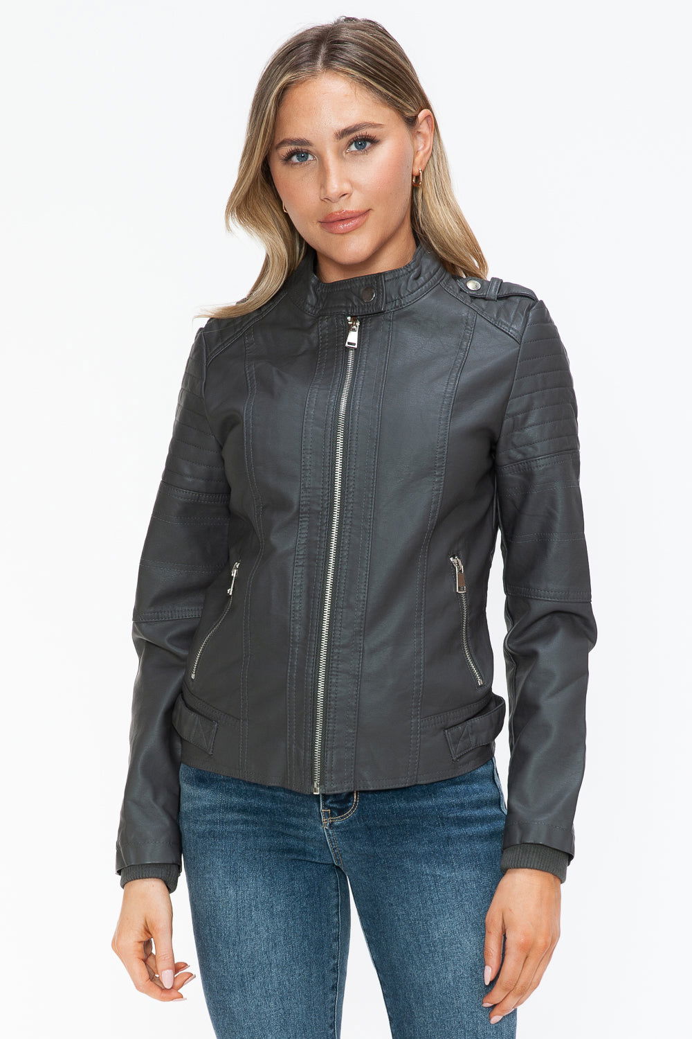 Snobbish PU Leather Biker Jacket with Side Zip Pockets us.meeeshop - 