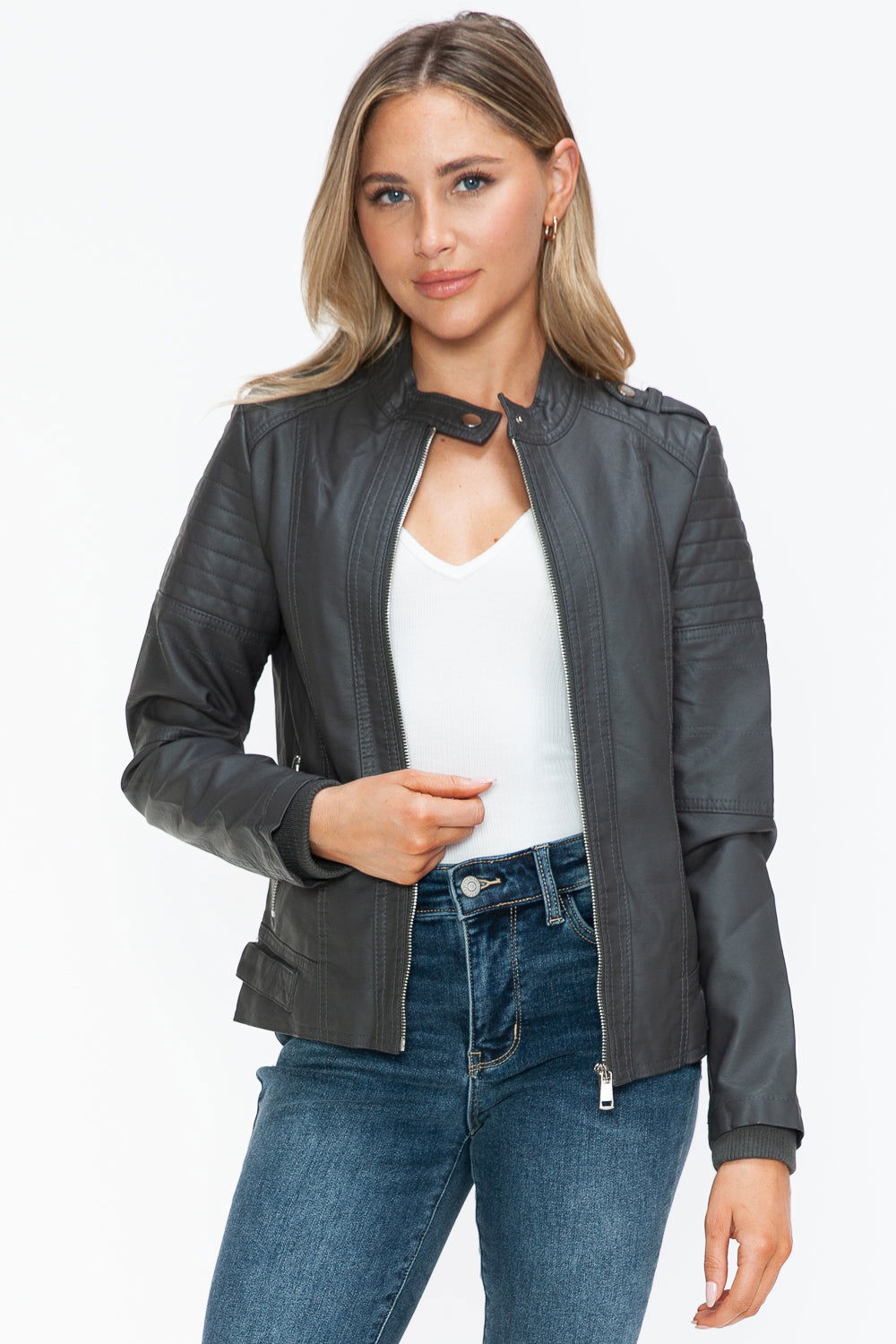 Snobbish PU Leather Biker Jacket with Side Zip Pockets us.meeeshop - 