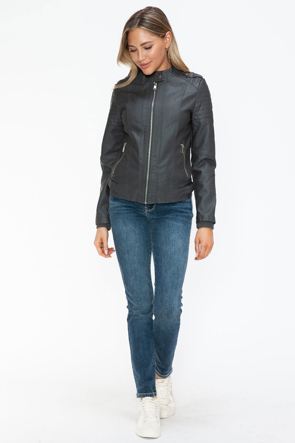 Snobbish PU Leather Biker Jacket with Side Zip Pockets us.meeeshop - 