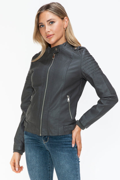 Snobbish PU Leather Biker Jacket with Side Zip Pockets us.meeeshop - 