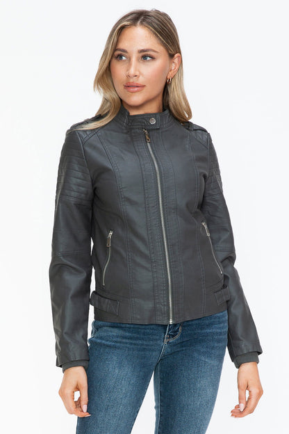 Snobbish PU Leather Biker Jacket with Side Zip Pockets us.meeeshop - 