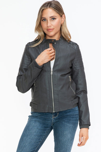 Snobbish PU Leather Biker Jacket with Side Zip Pockets us.meeeshop - 