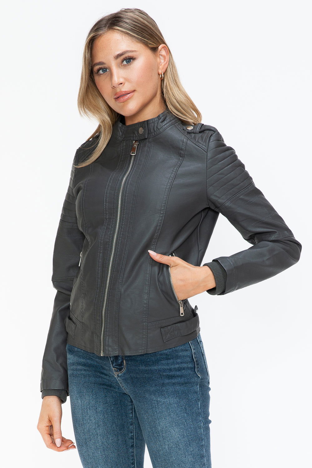 Snobbish PU Leather Biker Jacket with Side Zip Pockets us.meeeshop - 