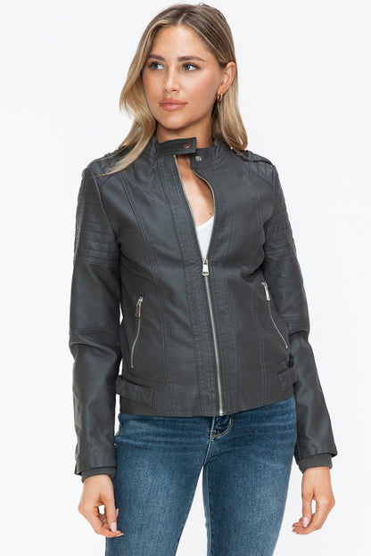 Snobbish PU Leather Biker Jacket with Side Zip Pockets us.meeeshop - 