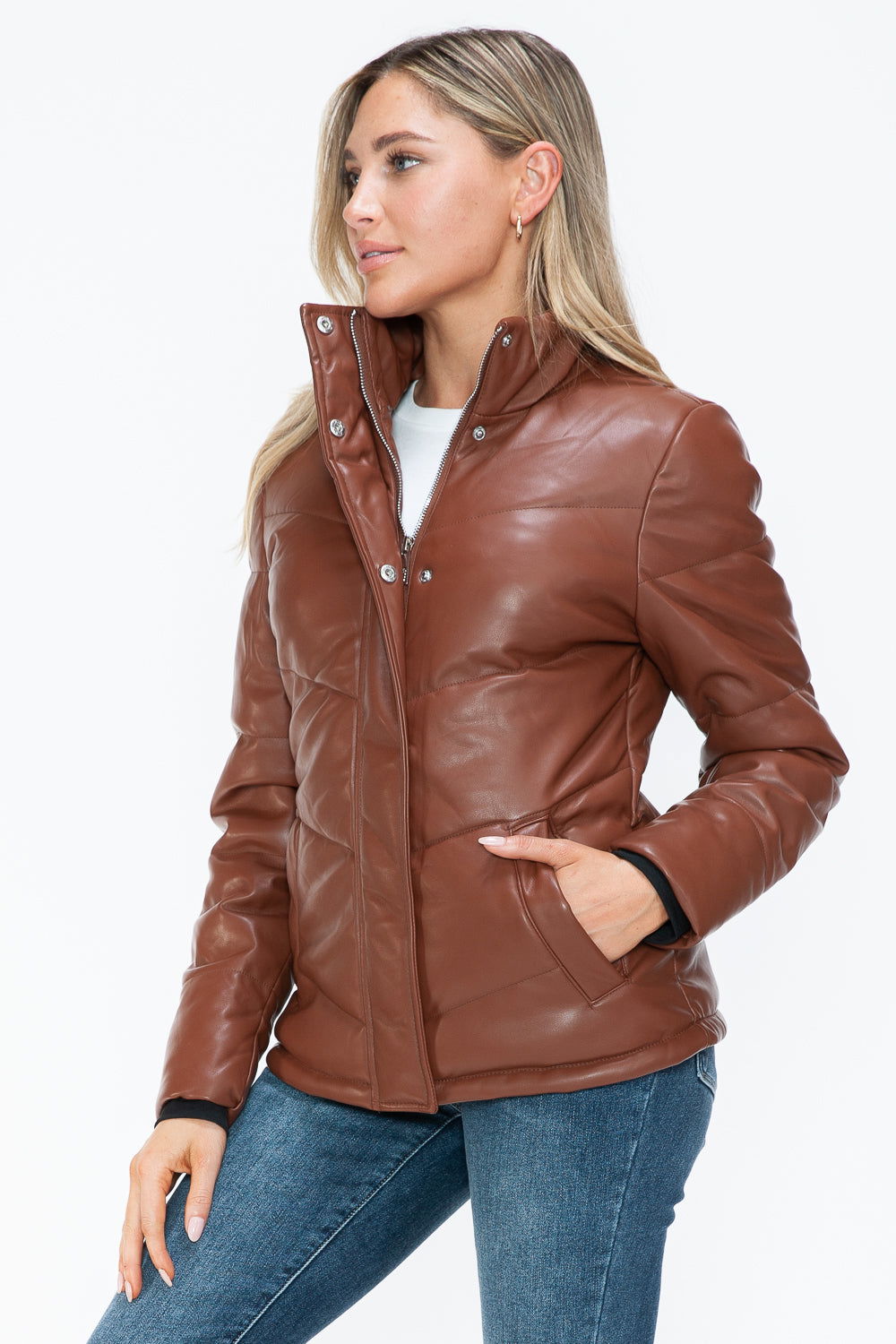 Snobbish Pocketed Zip Up Turtleneck Puffer Jacket In Brandy us.meeeshop - 