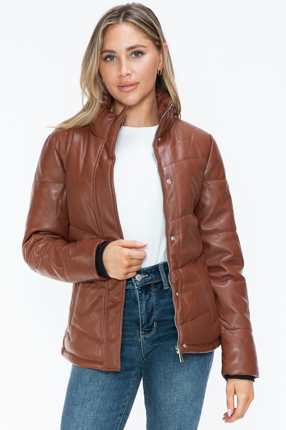 Snobbish Pocketed Zip Up Turtleneck Puffer Jacket In Brandy us.meeeshop - 