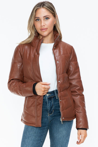 Snobbish Pocketed Zip Up Turtleneck Puffer Jacket In Brandy us.meeeshop - 