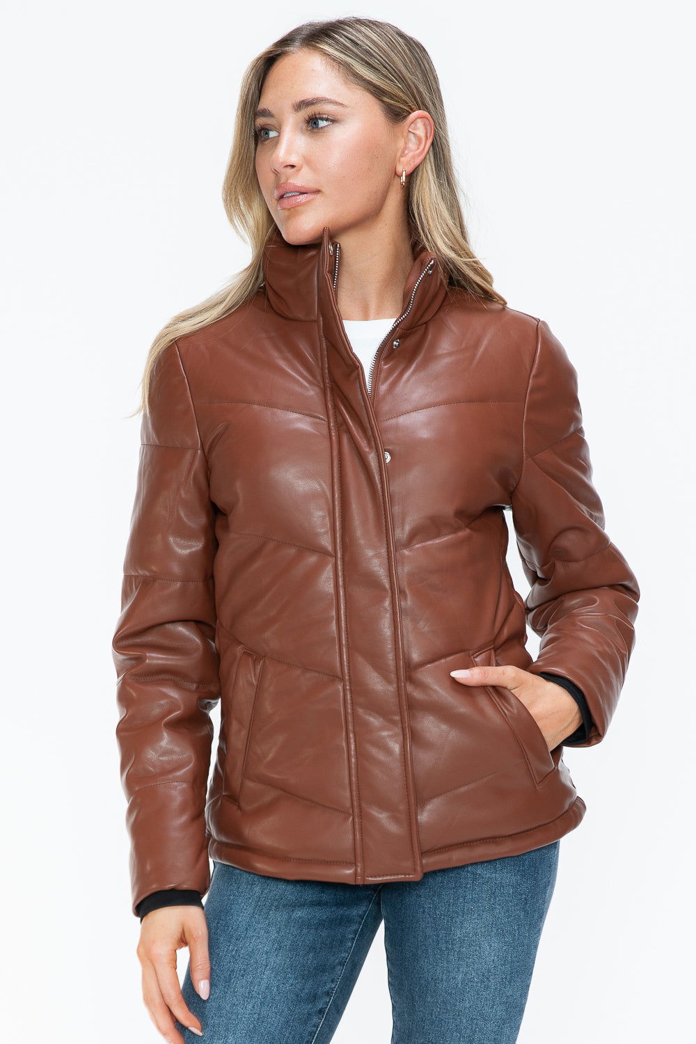 Snobbish Pocketed Zip Up Turtleneck Puffer Jacket In Brandy us.meeeshop - 