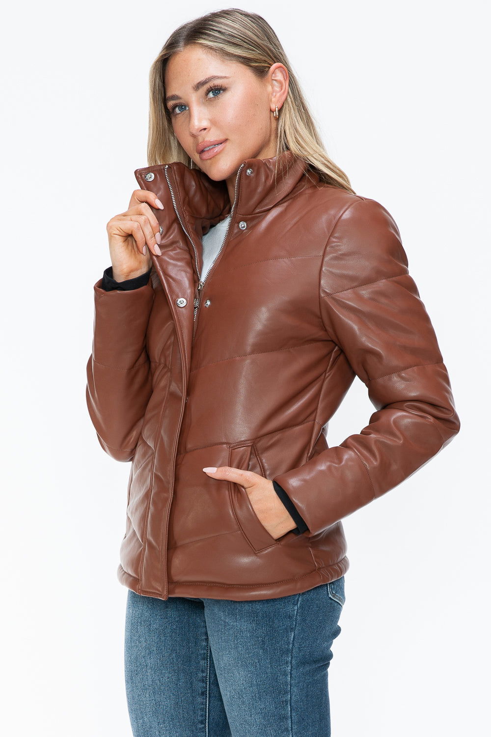 Snobbish Pocketed Zip Up Turtleneck Puffer Jacket In Brandy us.meeeshop - 