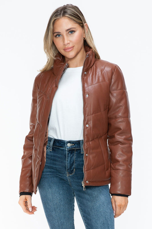 Snobbish Pocketed Zip Up Turtleneck Puffer Jacket In Brandy us.meeeshop - Coats & Jackets