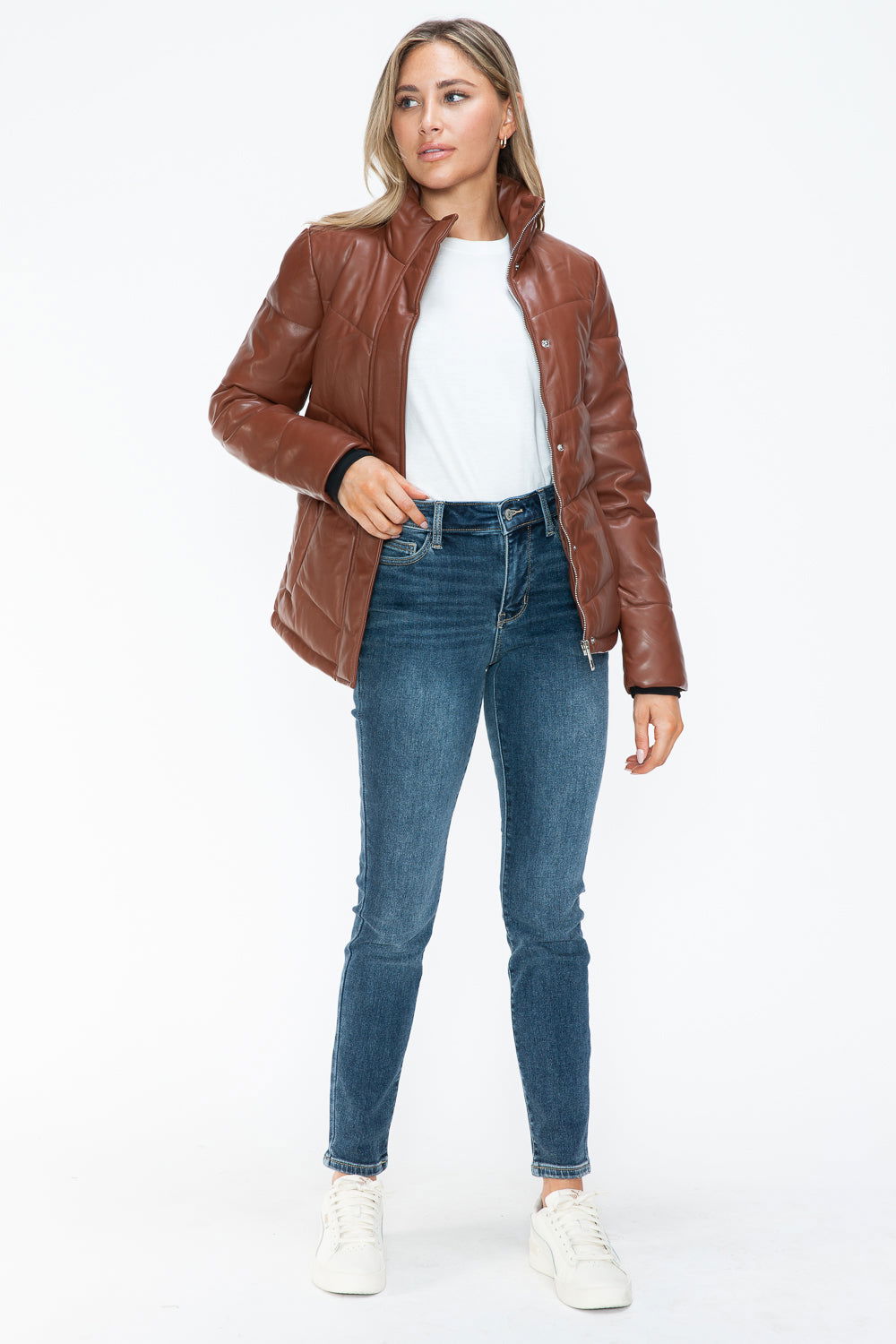 Snobbish Pocketed Zip Up Turtleneck Puffer Jacket In Brandy us.meeeshop - 