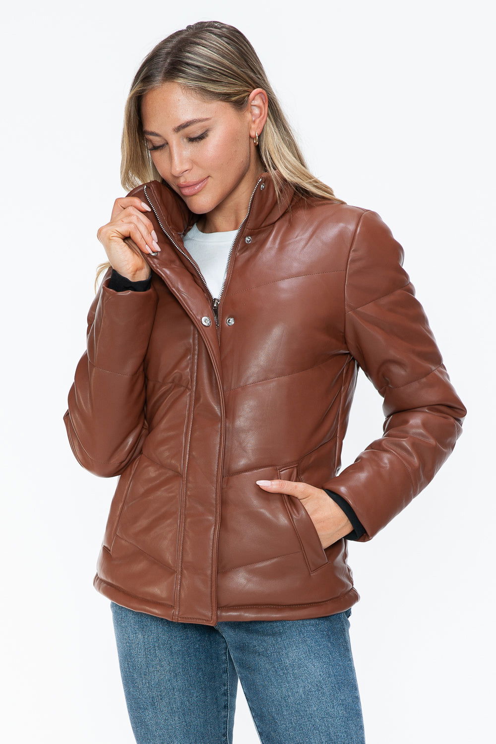 Snobbish Pocketed Zip Up Turtleneck Puffer Jacket In Brandy us.meeeshop - 