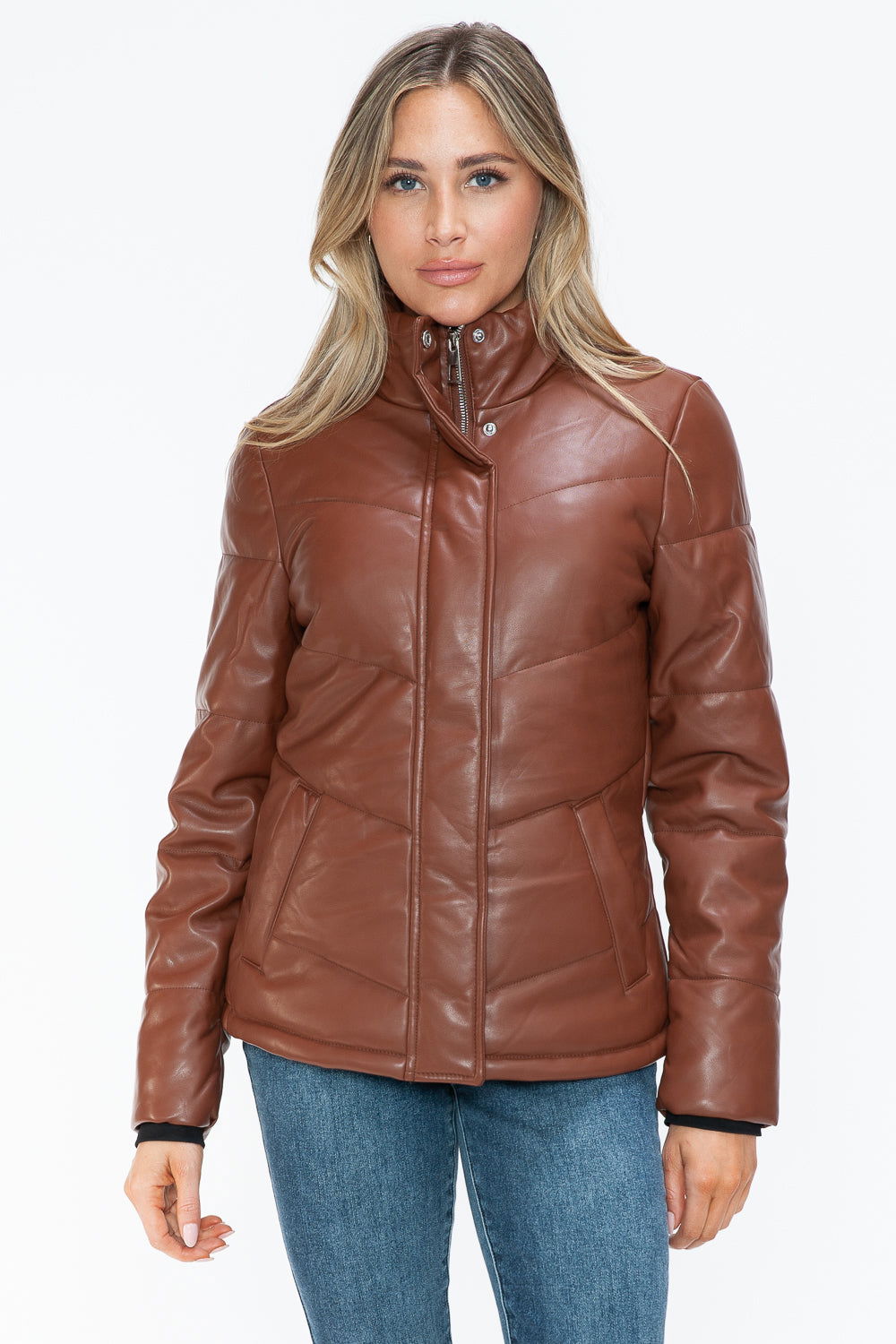 Snobbish Pocketed Zip Up Turtleneck Puffer Jacket In Brandy us.meeeshop - 