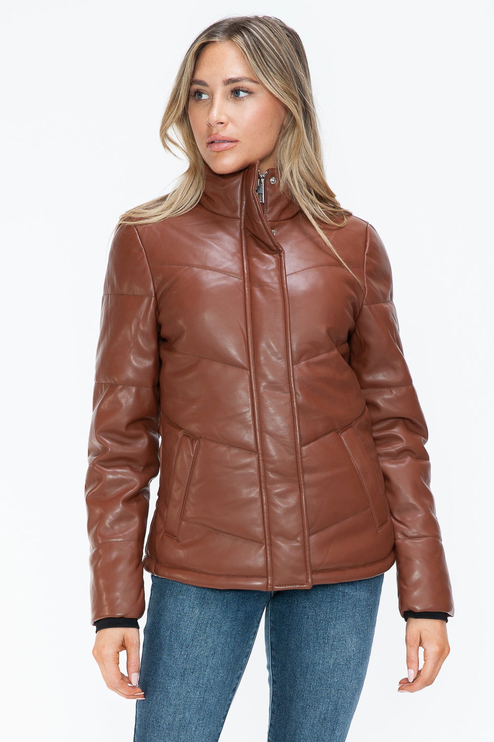 Snobbish Pocketed Zip Up Turtleneck Puffer Jacket In Brandy us.meeeshop - 