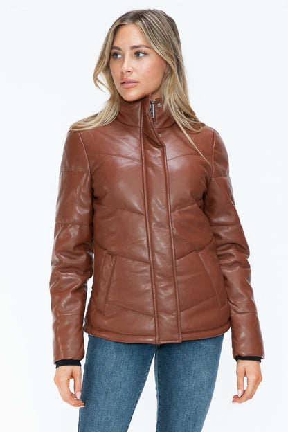 Snobbish Pocketed Zip Up Turtleneck Puffer Jacket In Brandy us.meeeshop - 