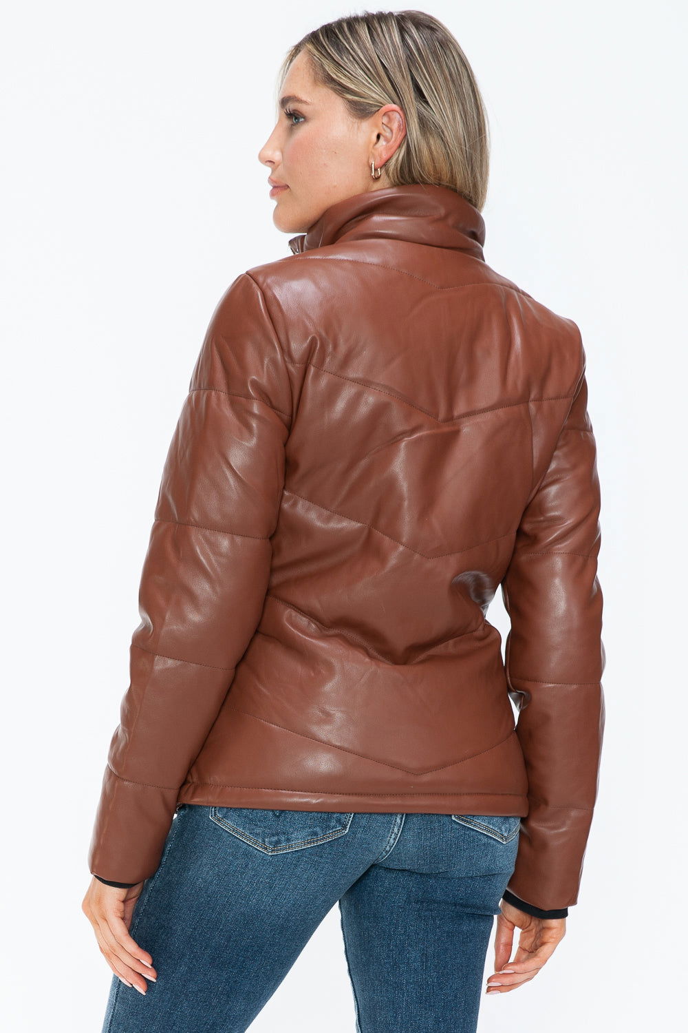 Snobbish Pocketed Zip Up Turtleneck Puffer Jacket In Brandy us.meeeshop - 