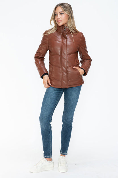 Snobbish Pocketed Zip Up Turtleneck Puffer Jacket In Brandy us.meeeshop - 