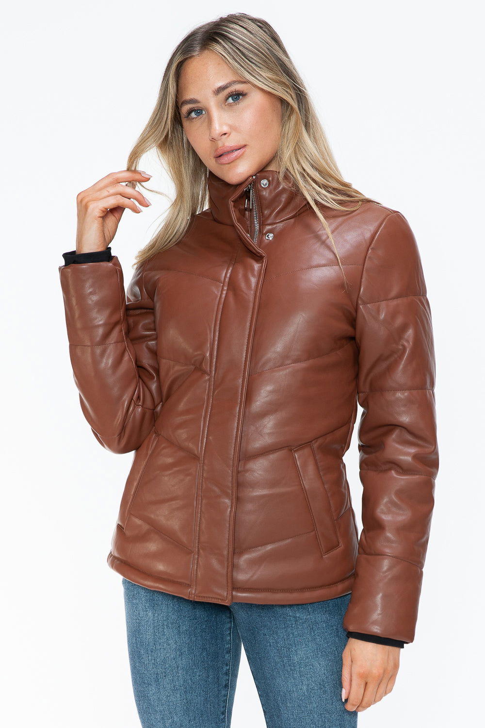 Snobbish Pocketed Zip Up Turtleneck Puffer Jacket In Brandy us.meeeshop - 