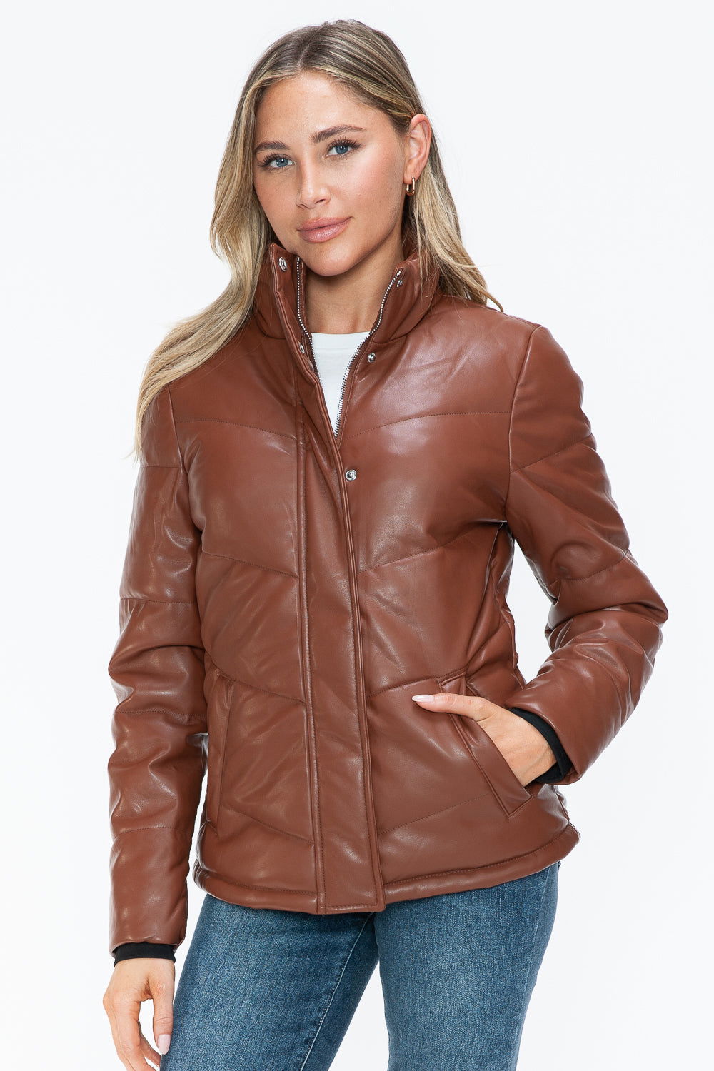 Snobbish Pocketed Zip Up Turtleneck Puffer Jacket In Brandy us.meeeshop - 