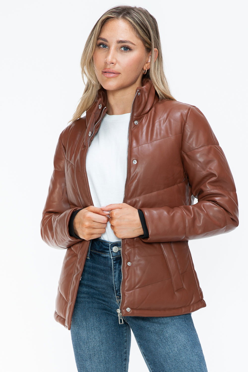 Snobbish Pocketed Zip Up Turtleneck Puffer Jacket In Brandy us.meeeshop - 