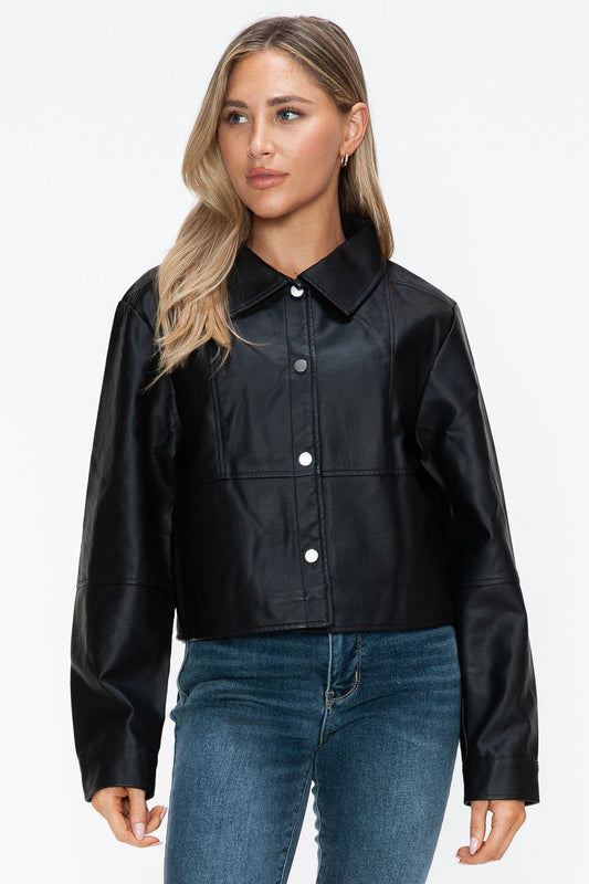 Snobbish Snap Down Long Sleeve PU Leather Jacket In Black us.meeeshop - Coats & Jackets