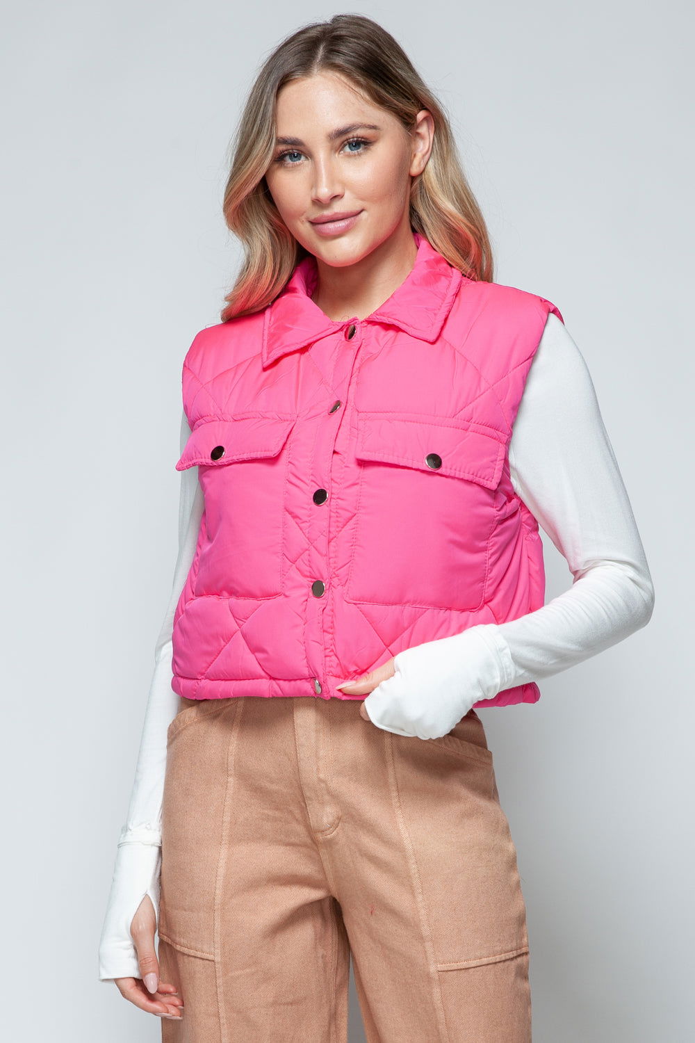 Snobbish Snap Down Quilted Crop Vest us.meeeshop - Vests