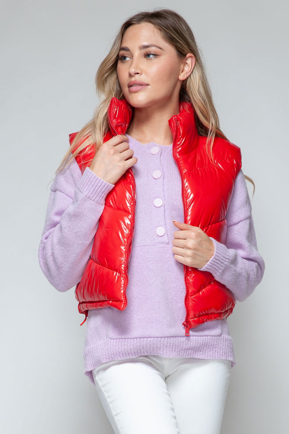 Snobbish Zip Up Turtleneck Shiny Quilted Vest In Red us.meeeshop - 