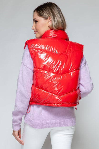 Snobbish Zip Up Turtleneck Shiny Quilted Vest In Red us.meeeshop - 