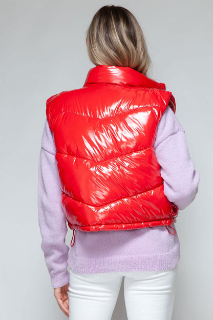 Snobbish Zip Up Turtleneck Shiny Quilted Vest In Red us.meeeshop - 