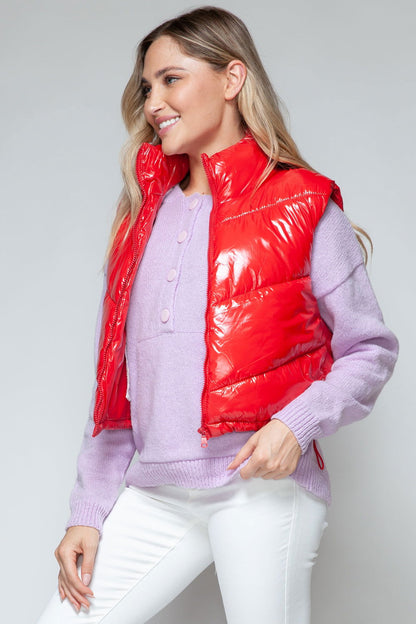 Snobbish Zip Up Turtleneck Shiny Quilted Vest In Red us.meeeshop - 