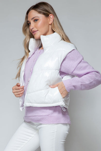 Snobbish Zip Up Turtleneck Shiny Quilted Vest In White us.meeeshop - 