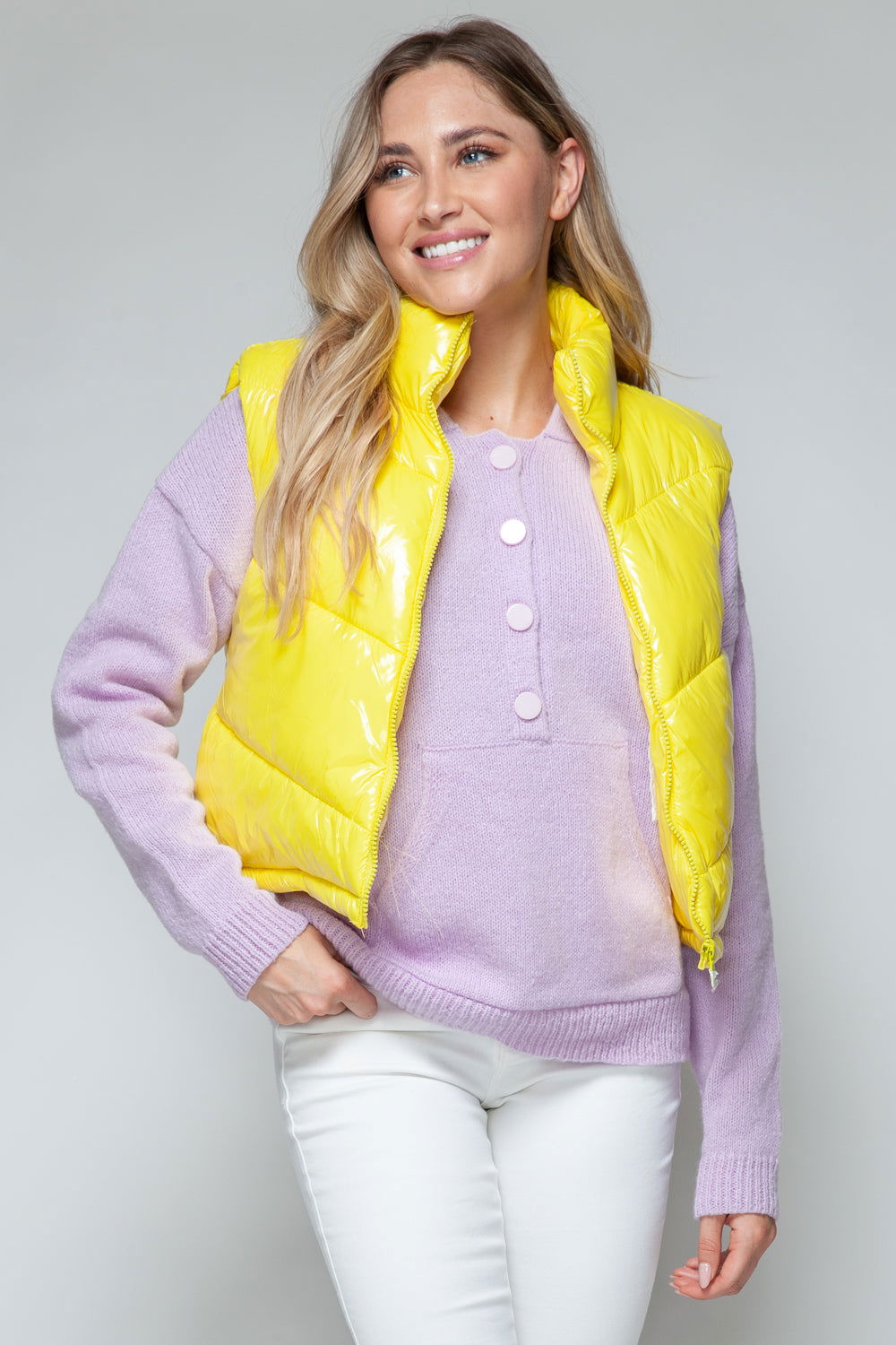 Snobbish Zip Up Turtleneck Shiny Quilted Vest In Yellow us.meeeshop - Vests