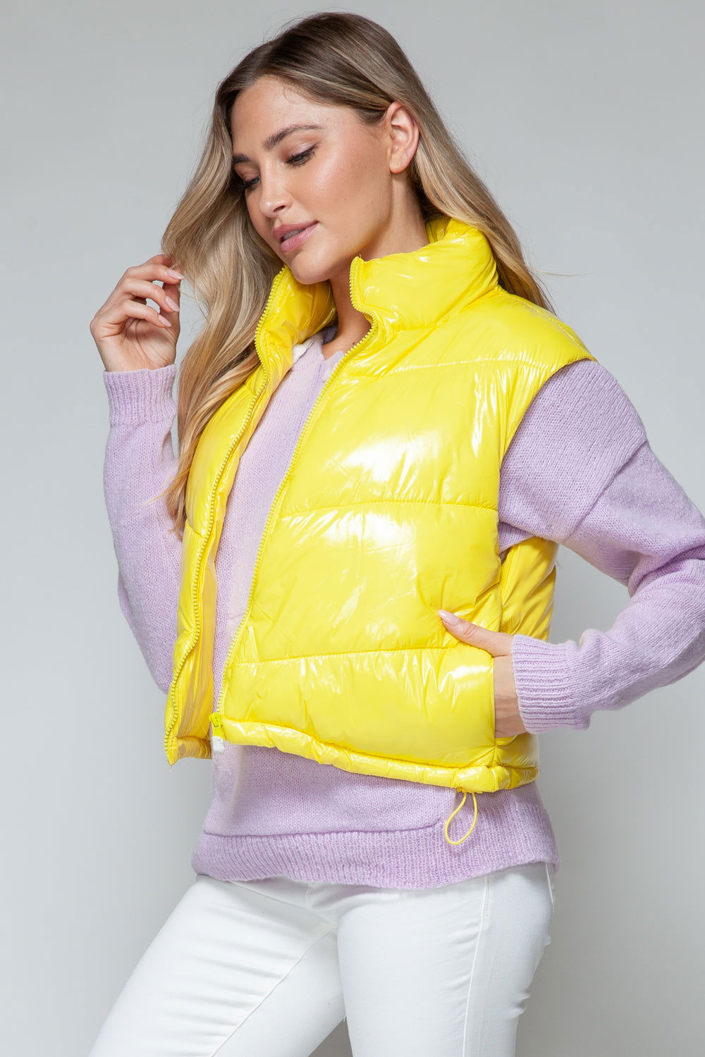 Snobbish Zip Up Turtleneck Shiny Quilted Vest In Yellow us.meeeshop - 