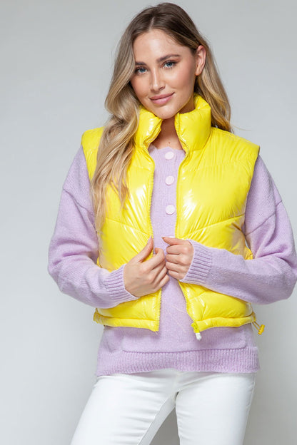 Snobbish Zip Up Turtleneck Shiny Quilted Vest In Yellow us.meeeshop - 