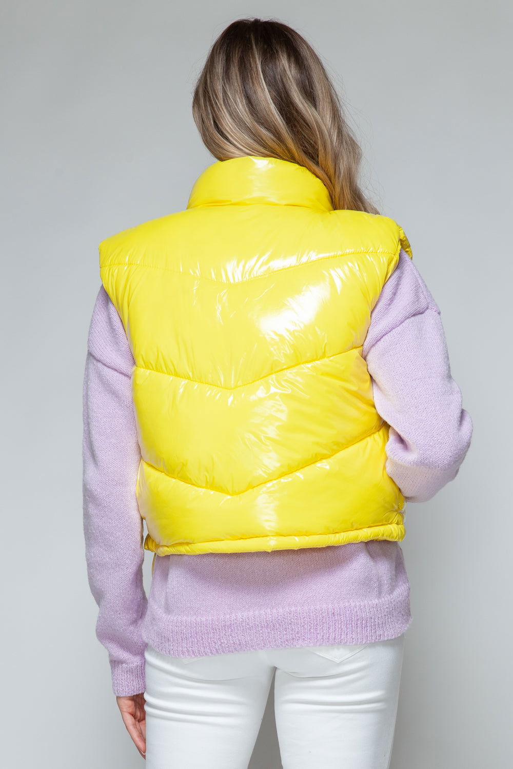 Snobbish Zip Up Turtleneck Shiny Quilted Vest In Yellow us.meeeshop - 